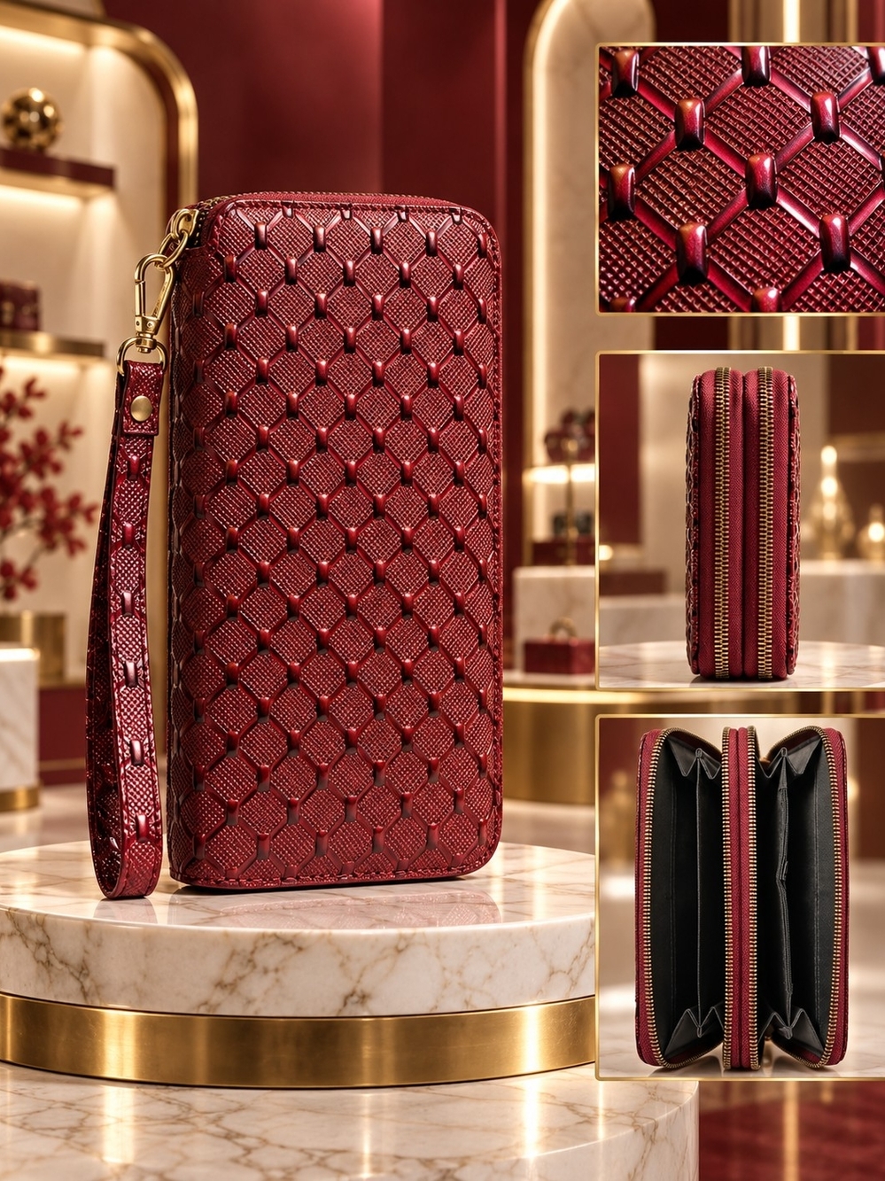 Red Quilted Zip-Around Wristlet Wallet with Detachable Strap